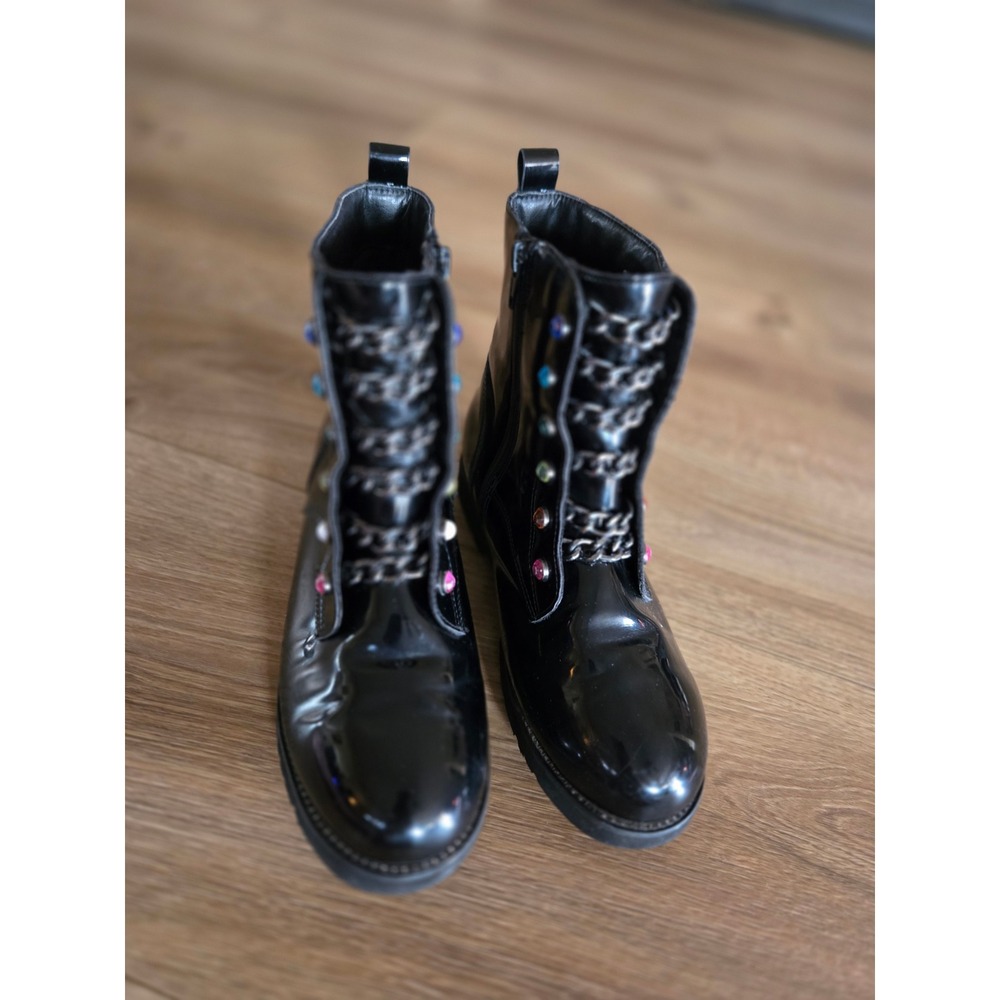 Kurt Geiger London Black Patent Combat Boots Rainbow Gemstone Chain Lug Sole - Picture 3 of 5